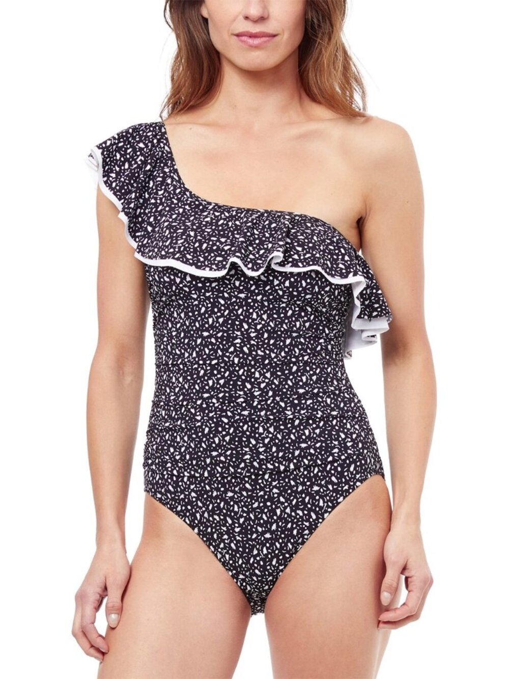 Profile by Gottex Black and White One-Shoulder Ruffled Swim One-Piece
